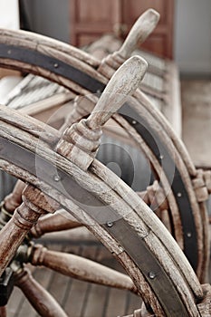 Wooden rudder detail on a yatch vessel. Navigation equipment
