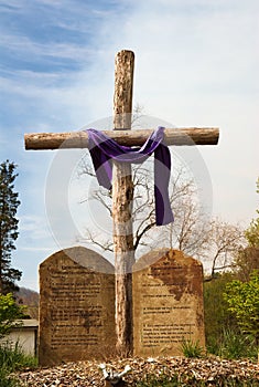 Wooden rugged cross with ten commandments photo