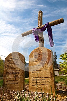 Wooden rugged cross with ten commandments photo