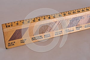 Wooden ruler with the name of several different types of wood, selective focus,