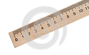 Wooden ruler with measuring length markings in centimeters isolated on white