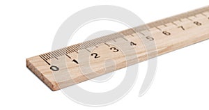 Wooden ruler with measuring length markings in centimeters isolated on white