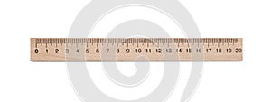 Wooden ruler with measuring length markings in centimeters isolated on white, top view