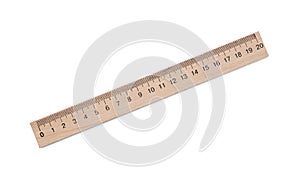 Wooden ruler with measuring length markings in centimeters isolated on white, top view