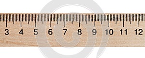 Wooden ruler with measuring length markings in centimeters isolated on white, top view