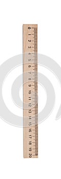 Wooden ruler with measuring length markings in centimeters isolated on white, top view