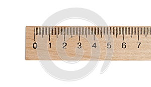 Wooden ruler with measuring length markings in centimeters isolated on white, top view