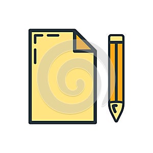 Wooden ruler pencil document icon, educational institution process, back to school outline flat vector illustration, isolated on