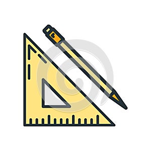 Wooden ruler pencil document icon, educational institution process, back to school outline flat vector illustration, isolated on