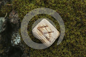 Wooden rune Ansuz on stone with moss outdoors, closeup