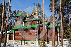 Wooden Russian Orthodox Christian Church of St. Sergius of Radonezh in Ganina Yama Monastery.