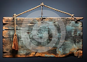 A wooden rustic board sign hanging from a rope on a wall