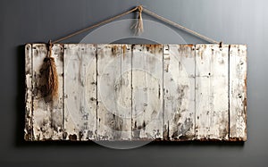 A wooden rustic board sign hanging from a rope on a wall