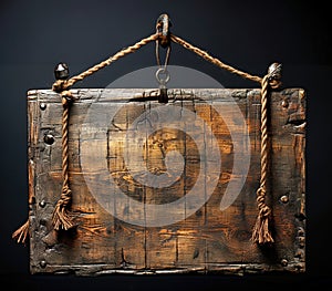 A wooden rustic board sign hanging from a rope on a wall.