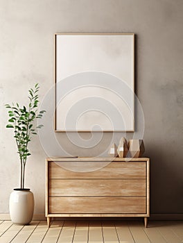 Wooden rustic chest of drawers near wall with blank poster frame with copy space. Interior design of modern living room