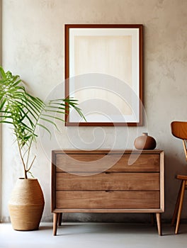 Wooden rustic chest of drawers near wall with blank poster frame with copy space. Interior design of modern living room