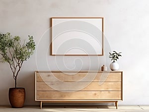 Wooden rustic chest of drawers near wall with blank poster frame with copy space. Interior design of modern living room