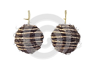 Wooden rustic Christmas ball with ribbon isolated on white background, Clipping path included