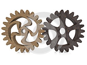Wooden and rusty metal gears on a white