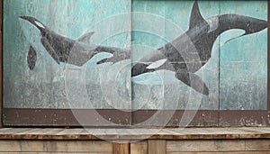 Wooden rusty warehouse doors with orcas painting in Vancouver photo