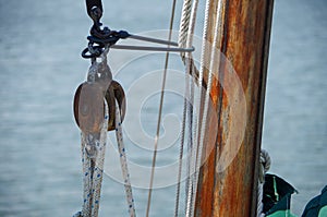 Wooden sailboat rigging and ropes