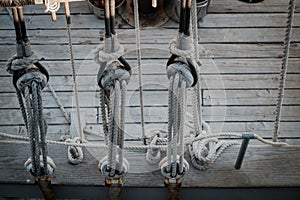 Wooden Sailing Vessel deck and the gears and pulleys and ropes u