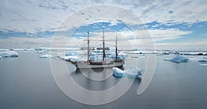 Wooden sailing yacht travel in Antarctica, aerial