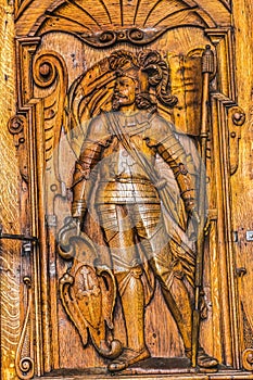 Wooden Saint Mauritius Statue Door Church Lucerne Switzerland