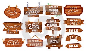 Wooden sale sticker. Season sales sign, wood board offer tag and vintage best price label cartoon vector illustration