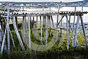 Wooden salt cod drying racks overlooking the Atlantic Ocean at Bonavista Newfoundland Canada