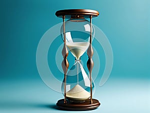 Wooden sandglass with white sand on a clear blue background. Symbol of the transience of time. Minimalist style photo