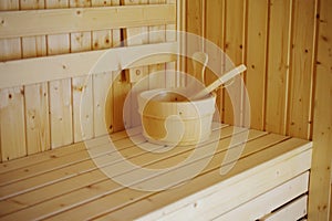 Wooden sauna bucket accessories interior of sauna spa