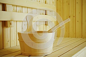 Wooden sauna bucket accessories interior of sauna spa