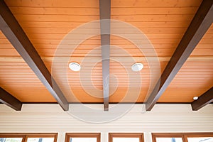 wooden sauna ceiling with exposed beams