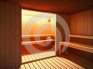 wooden sauna interior with a brown towel, Ai Generated