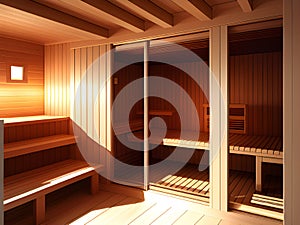 wooden sauna interior with furniture, AI generated