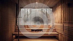 Wooden sauna interior with steam coming out of the window