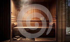 Wooden sauna interior with steam coming out of the window