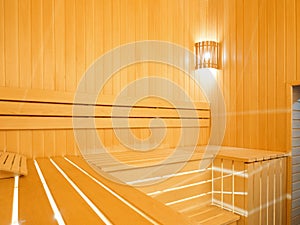 Wooden sauna interior wood-fired sauna with LED lighting