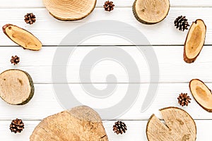Di legno un pino cono telaio diario web su bianco 