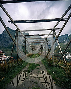 Wooden scaffolding in Reine fishing village, Lofoten, Norway