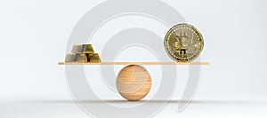 Wooden scale balancing bitcoin and gold bars - 3D rendered illustration