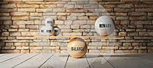 Wooden scale balancing one big ball and four small ones with message RISK, REWARD and BALANCE - 3d illustration