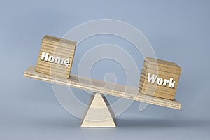 Wooden scale with blocks showing the broken balance between Home and Work