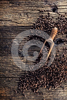 Wooden scoop full of coffee beans on old oak table