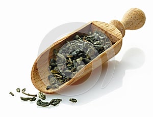 Wooden scoop with green tea camellia sinensis