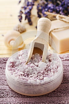 Wooden scoop with lavender sea salt