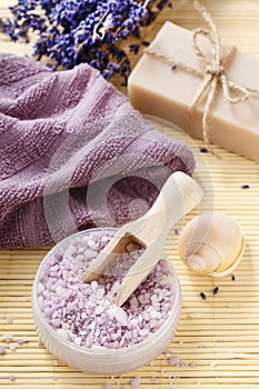 Wooden scoop with lavender sea salt