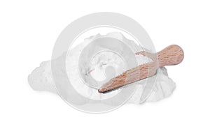 Wooden scoop of sweet powdered fructose isolated on white
