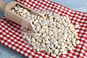 Wooden scoop with white beans